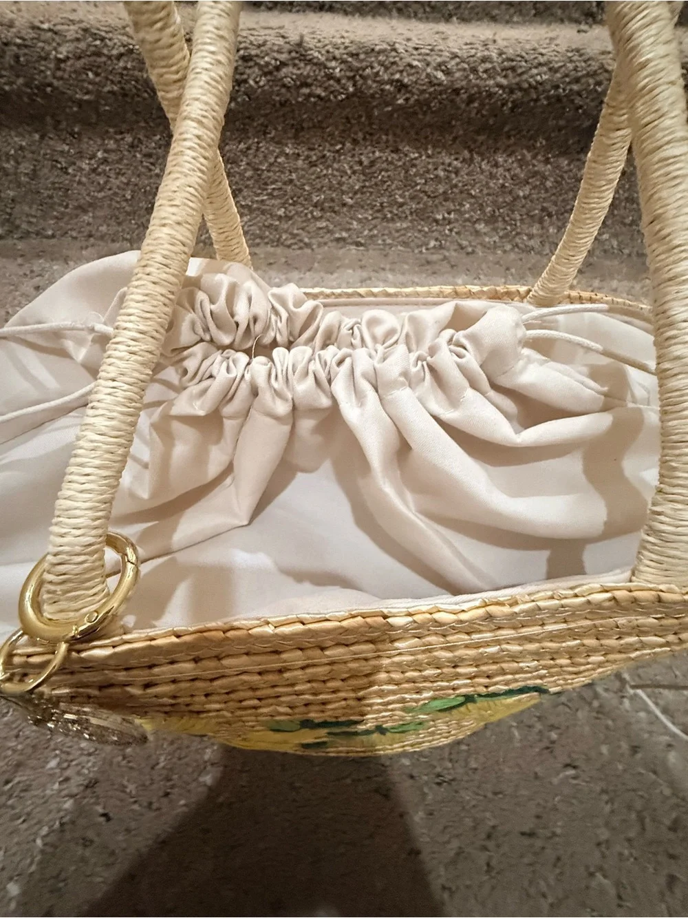 Handwoven Straw Tote with Yellow Lemon Embroidery